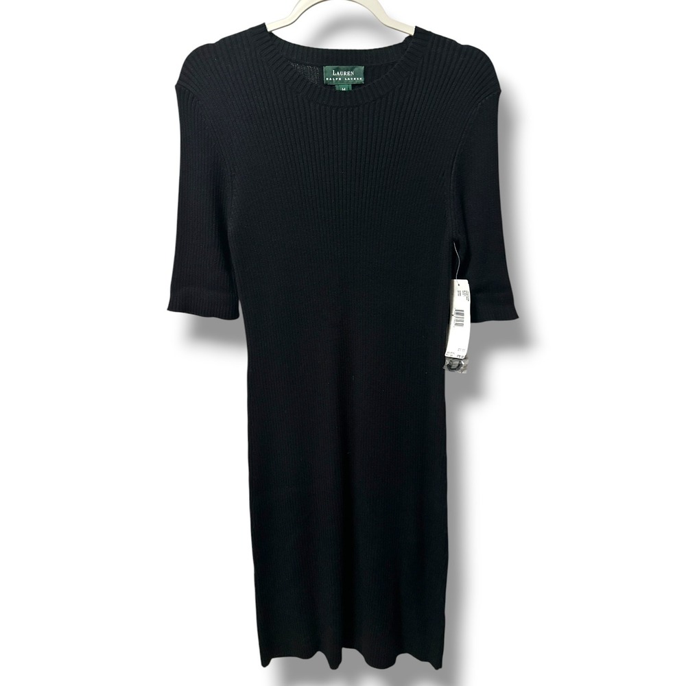 Lauren Ralph Lauren NEW Hamptons Black Ribbed Cotton Knit Midi Dress M Old Money
